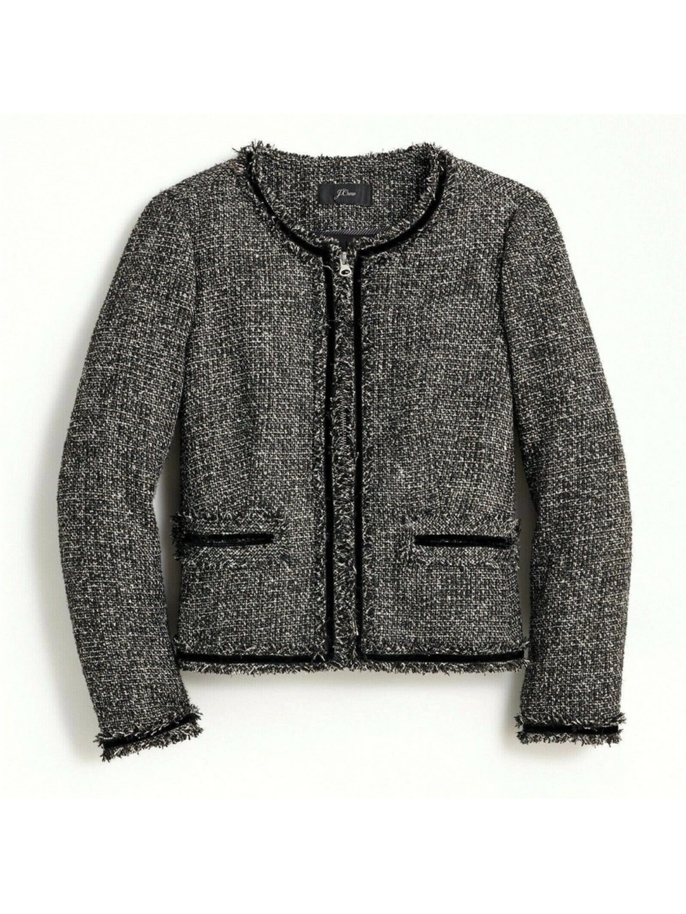 J CREW Starry Night Tweed Maeve Jacket Sparkle Zip Fringe Size 6